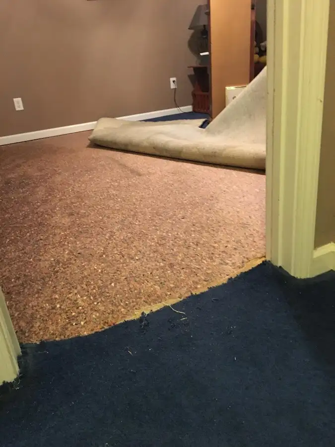 Carpet pad removal revealing water damage during Water Mitigation Services in Ankeny